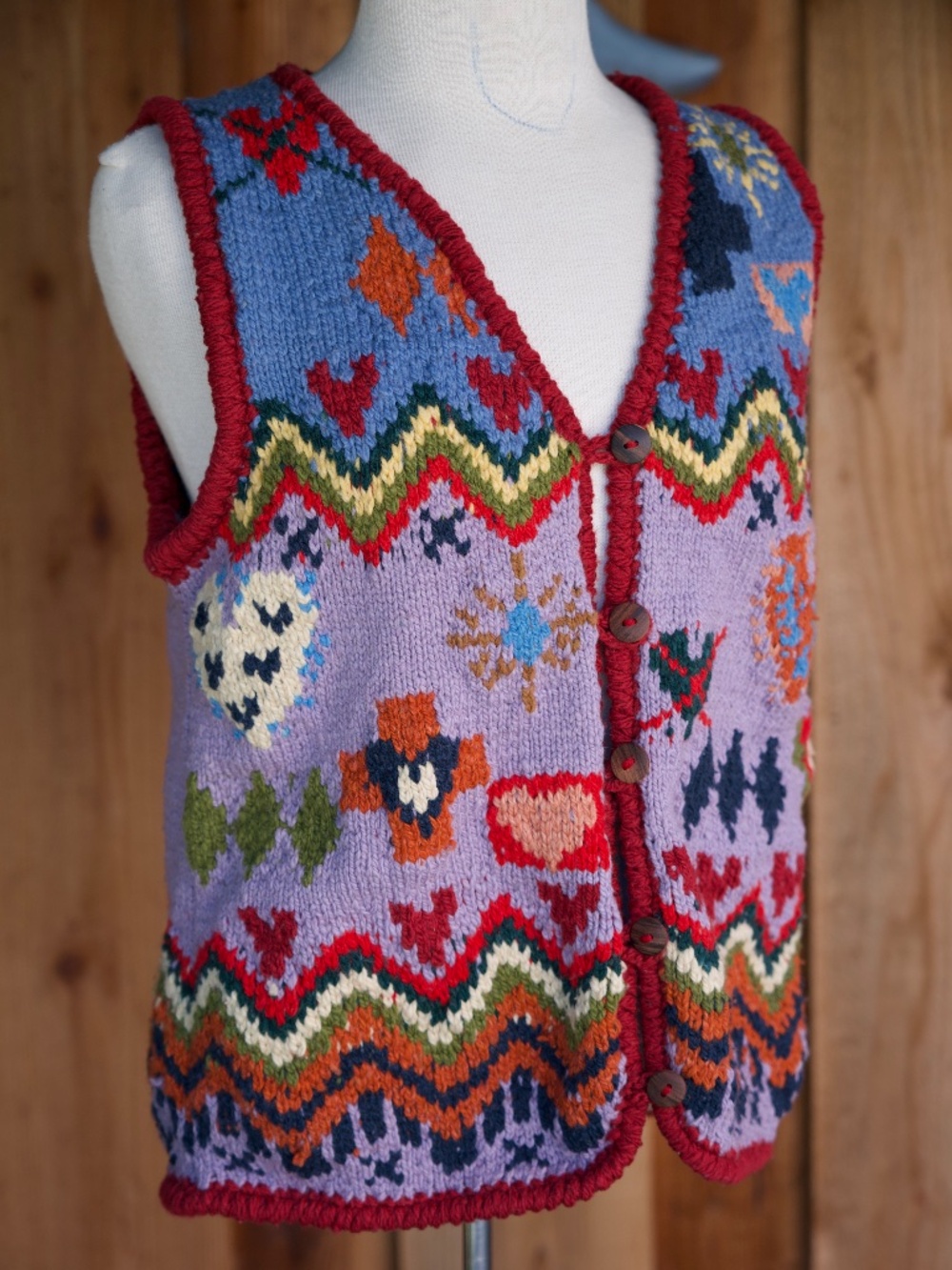 The Territory Ahead 100% Lambswool Hand Knit Colorful Zigzag/Symbols Vest Size S